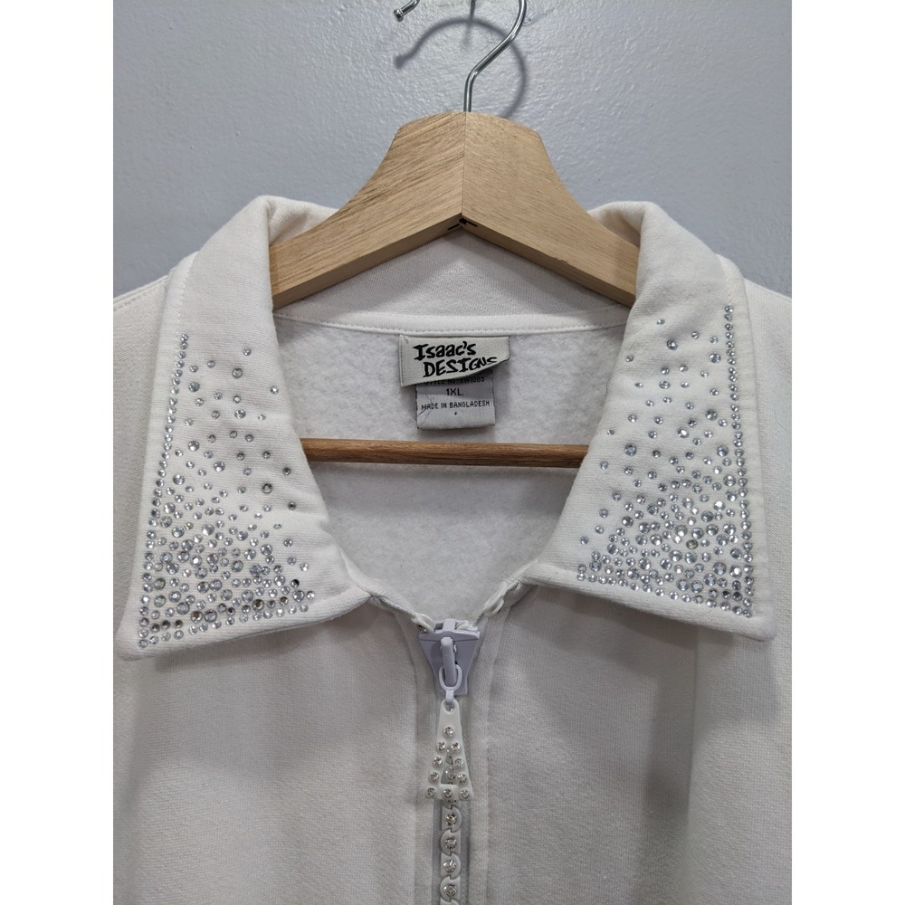 Isaac's‎ DESIGNS Sweatshirt Jacket Zip Embellished Sparkly Rhinestones White 1XL - Picture 2 of 16